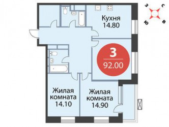 Трёхкомнатная квартира 92 м²